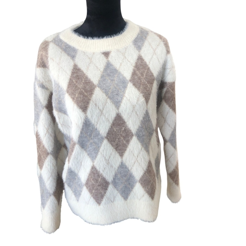 Mystree Cozy Fuzzy Cream Plaid Preppy Argyle Academia Crew Neck Sweater Sz S‎